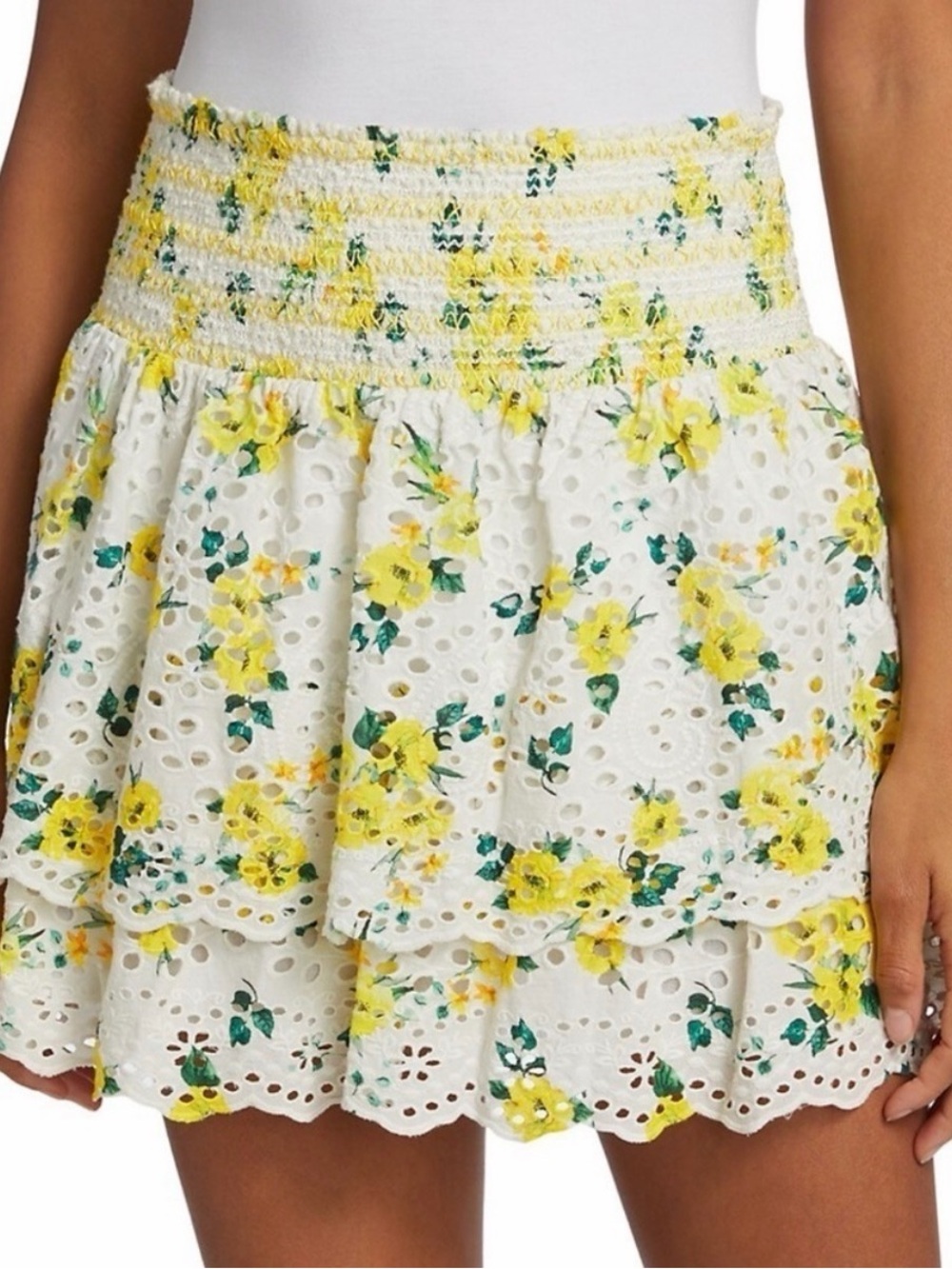 Alice + Olivia White Eyelet Mini Skirt with Yellow Floral Print